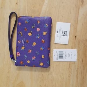 Coach Purple Mini Vintage Rose Corner Zip Wristlet, Brand New!